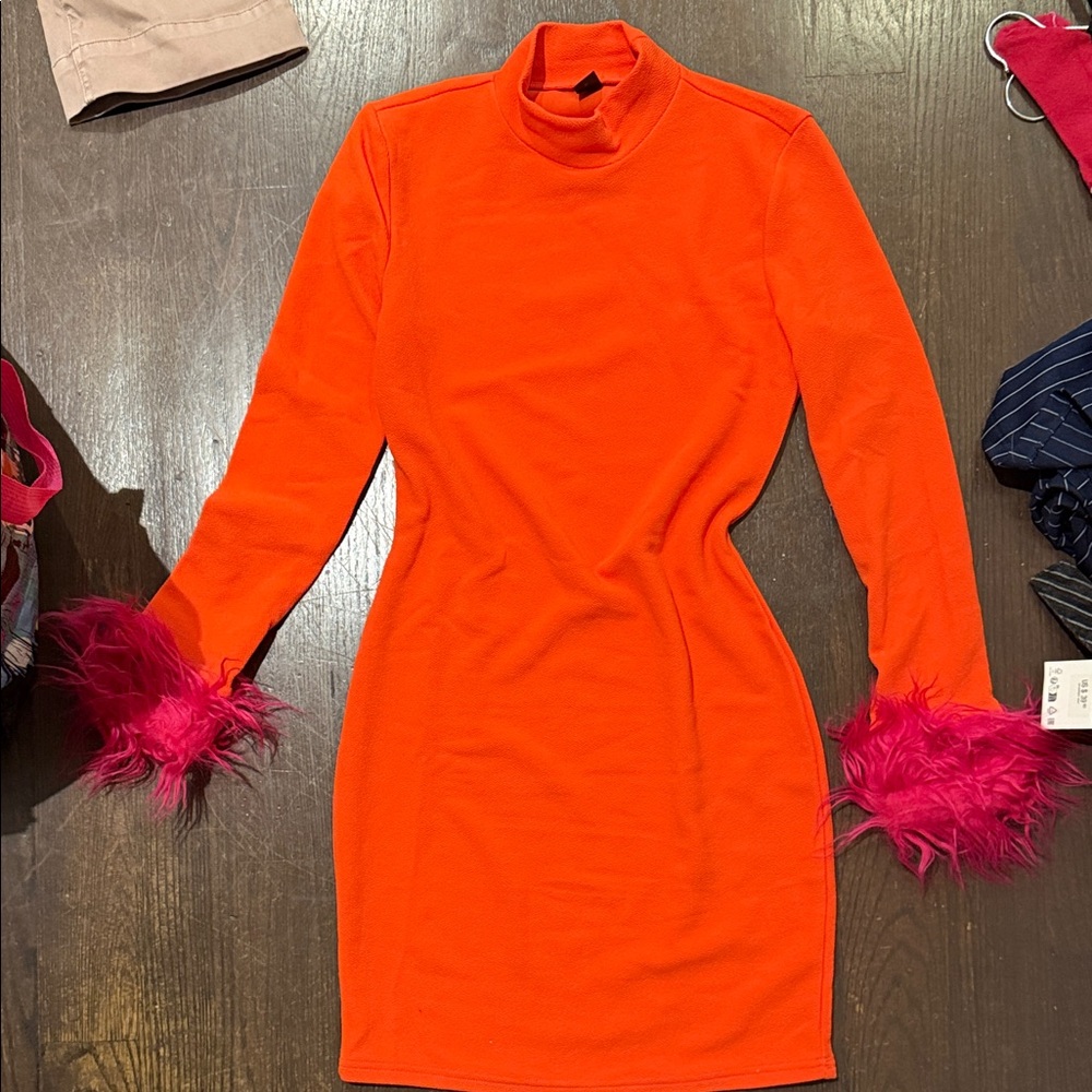 SHEIN Orange Dress with Pink Feather Cuffs